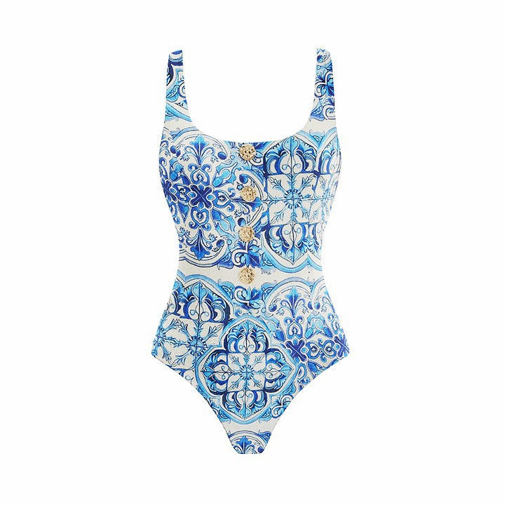 Blue Printed One Piece Swimsuit Women Vacation Beach Swimsuit
