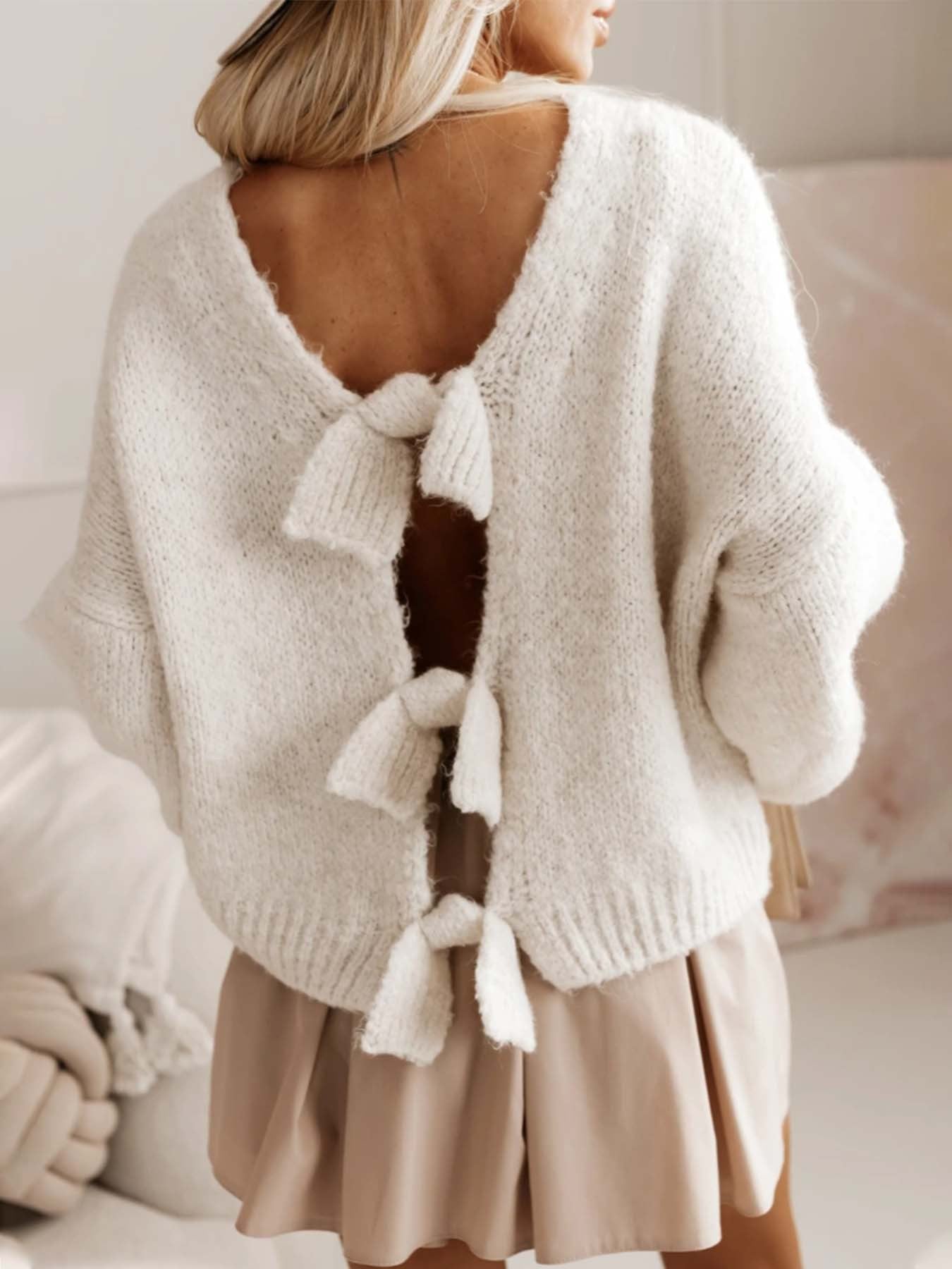 Autumn Winter Bow Tie Women Knitwear Sexy Backless Loose Sweater Top
