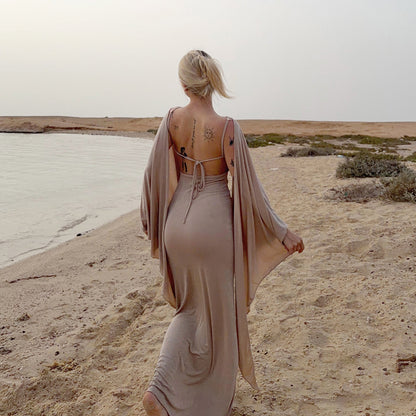 Sexy Adult Lady like Woman Elegant Batwing Sleeve Shawl Strap Backless Cami Dress Two Piece Set for Women