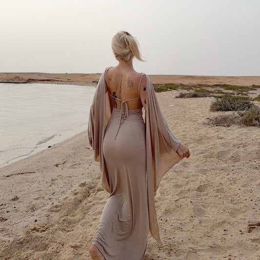 Sexy Adult Lady like Woman Elegant Batwing Sleeve Shawl Strap Backless Cami Dress Two Piece Set for Women