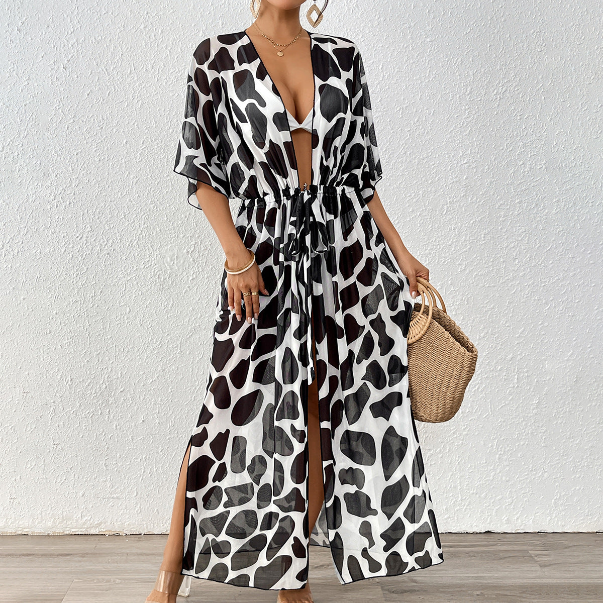 Women Cardigan Women Clothing Batwing Sleeve Lace up Waist Controlled Leopard Print Mesh Beach Beach Cover Up