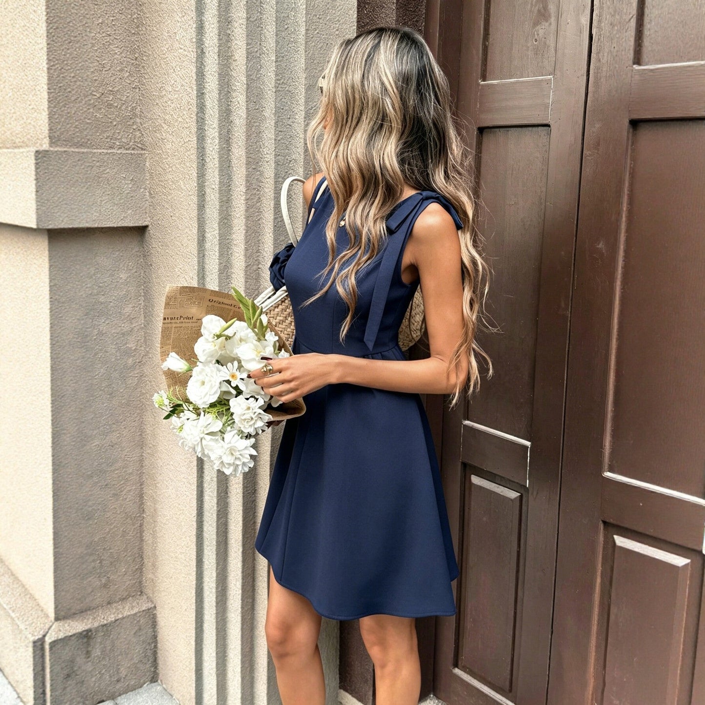 Summer Navy Blue Sleeveless Bow Dress Waist Slimming Gentle Dress