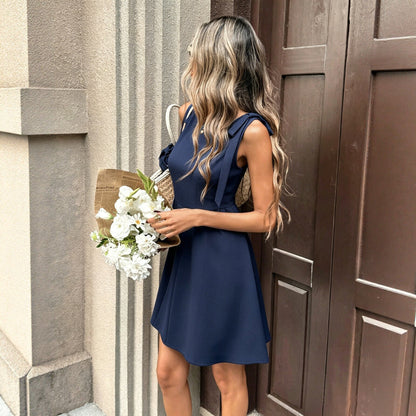 Summer Navy Blue Sleeveless Bow Dress Waist Slimming Gentle Dress