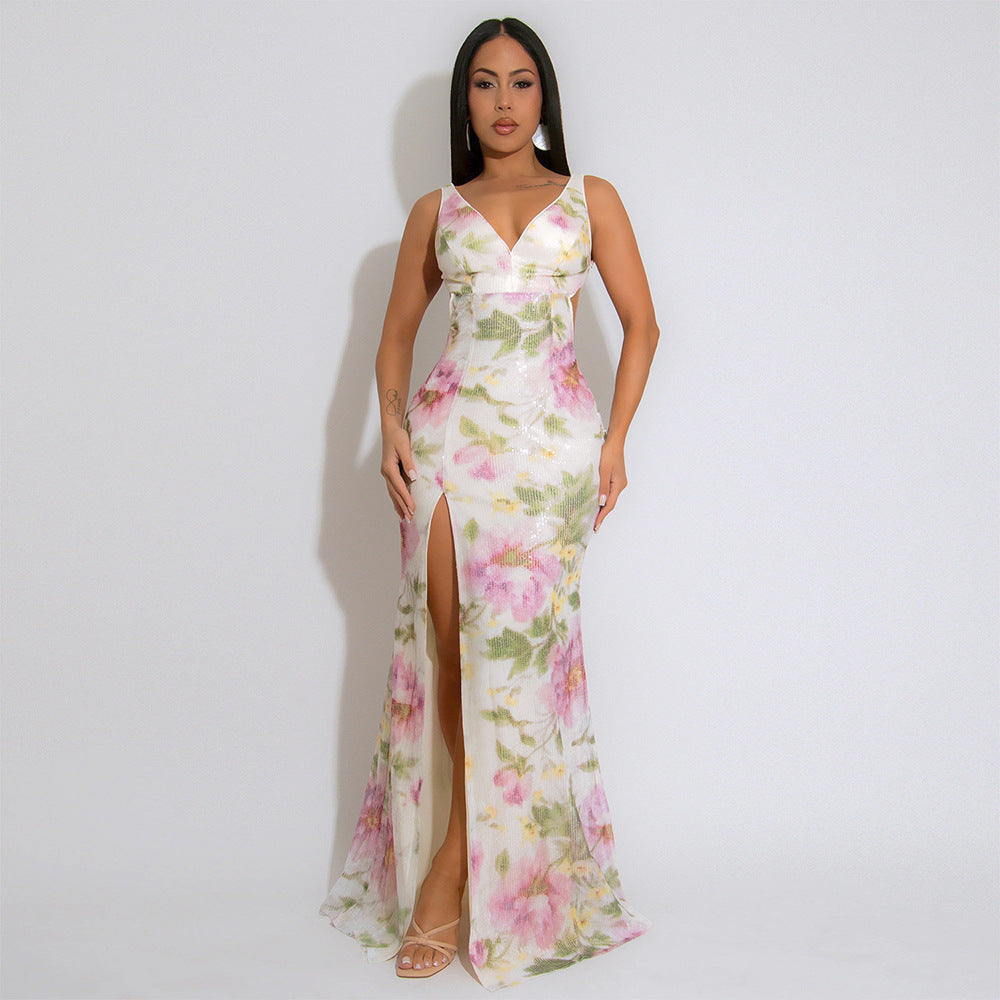 Sexy V neck Brace High Slit Sequ Dress Velvet Sequin Printed Dress Women