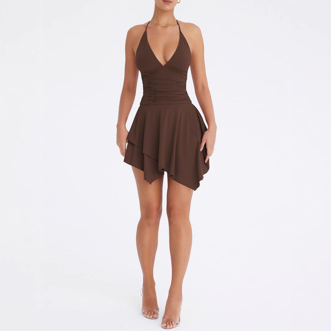 Arrival Women Deep V Plunge neck Halter Backless Lace up Sexy Pleated Irregular Asymmetric Dress