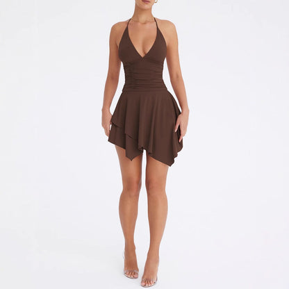 Arrival Women Deep V Plunge neck Halter Backless Lace up Sexy Pleated Irregular Asymmetric Dress