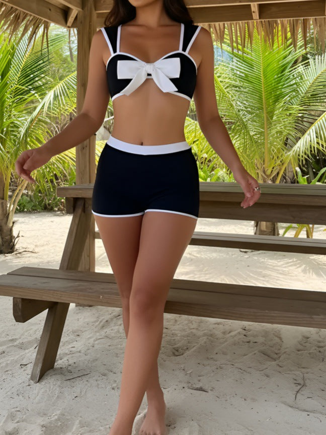 Casual Black White Contrast Color Bow Bikini Swimsuit Bikini