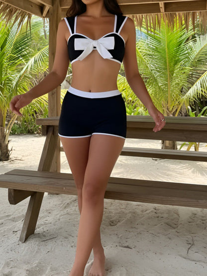 Casual Black White Contrast Color Bow Bikini Swimsuit Bikini