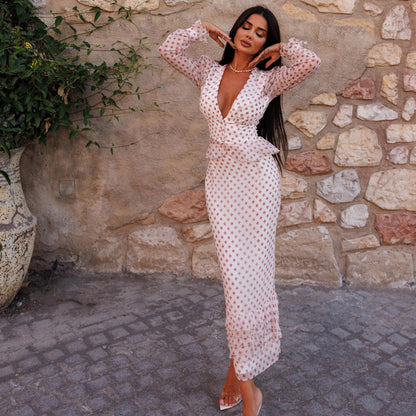 Women Clothing V neck Long Sleeve Waist-Controlled Top Printed Two Piece Skirt Set