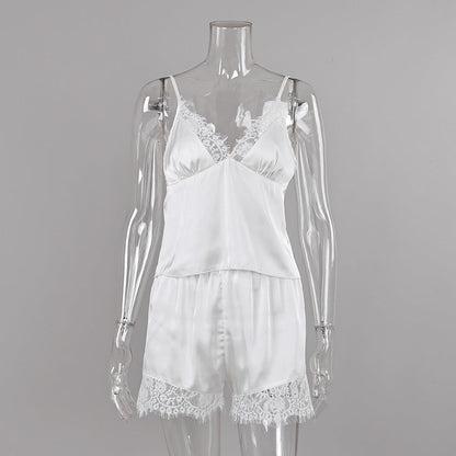 Women Pajamas Satin Stitching Lace Suspender Shorts Two Piece Set Summer Loungewear