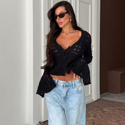Design Hollow Out Cutout out Sexy Knitted Cardigan Solid Color Long Sleeve V neck French Short Bell Sleeve Blouse