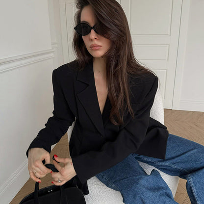 Autumn Winter Retro Black Elegant Slim Blazer Casual Tailored Collar Thin Top