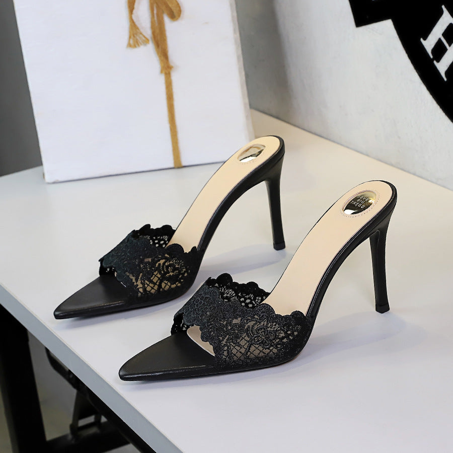 Ultra High Heel Lace Sexy Open Toe Pointed Slip on Stiletto Heel Elegant Lace up Women Slippers