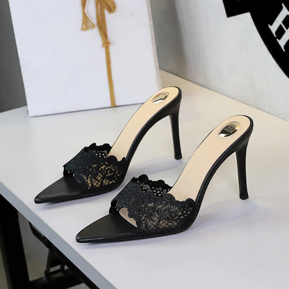 Ultra High Heel Lace Sexy Open Toe Pointed Slip on Stiletto Heel Elegant Lace up Women Slippers