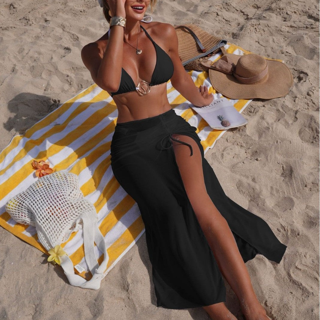Solid Color Beach Sun Protection Tulle Skirt Sexy Three Piece Set Bikini Split Swimsuit