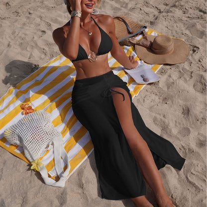 Solid Color Beach Sun Protection Tulle Skirt Sexy Three Piece Set Bikini Split Swimsuit