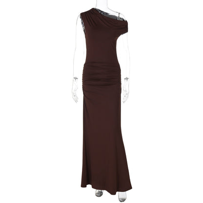 Women Clothing Summer Pleated Waist Tight Slimming Shoulder Hollow Out Cutout Sexy Solid Color Dress