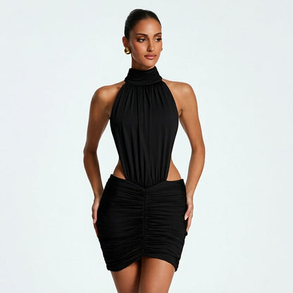 Women Clothing Summer Solid Color Small Turtleneck Sleeveless Sexy Backless Ruffle Hip Dress