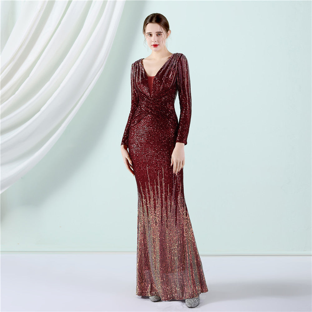 Gradient Sequin Long Sleeve Evening Dress Spring Summer Long Sequ Dress Toast Dress