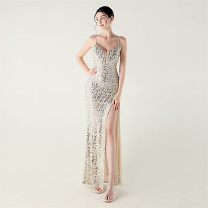 Bead Tube Sequin Spaghetti Strap High Slit Evening Dress Cross Tied Slim Fit Slimming Dinner Social Women