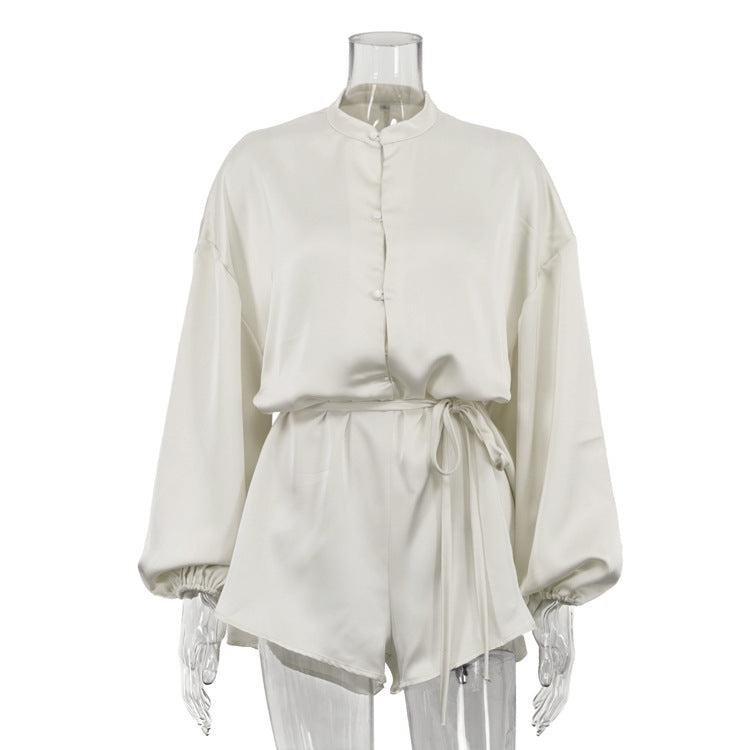 Women Clothing Summer High-Grade Stand Collar Long Sleeve Single Breasted Loose Lace up Jumpsuit