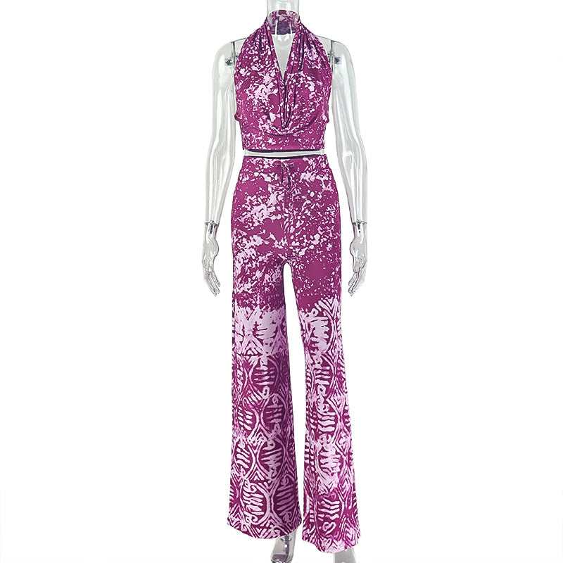 Special Multicolor Women Clothing Loose Pleated Printed Pants Set Swing Collar Summer Outdoor Long Two Piece Set