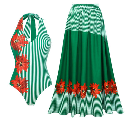 Swimsuit Green Striped Floral Stitching Swimsuit Women Tube Top Swimsuit