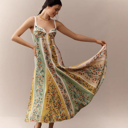 Spring Summer Suspender Positioning Linen Printing Dress Loose Vacation Dress