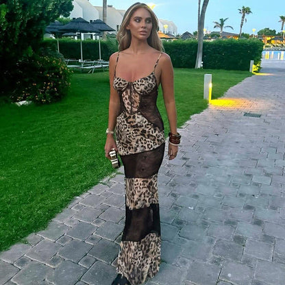 Spring Women Clothing Suspenders Leopard Print Lace Stitching Sexy See through Dress