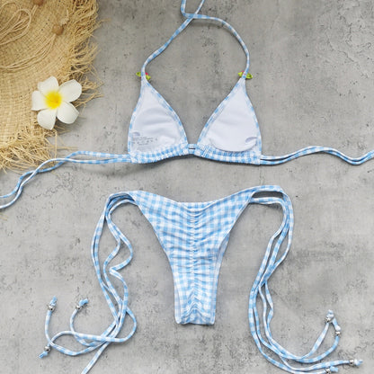 Striped Plaid Simple Printed Triangle Bikini Sexy Lace up Backless Split Swimsuit Women
