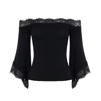Sexy Lace Patchwork Flared Sleeves off Shoulder Top Women Elegant Solid Color T shirt