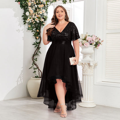 Spring Summer Double V neck Elastic Waist Short Sleeve Irregular Asymmetric Evening Dress Party Midi Women Dress