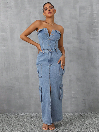 Women Clothing Casual Tube Top Tooling Large Pocket Denim Dress