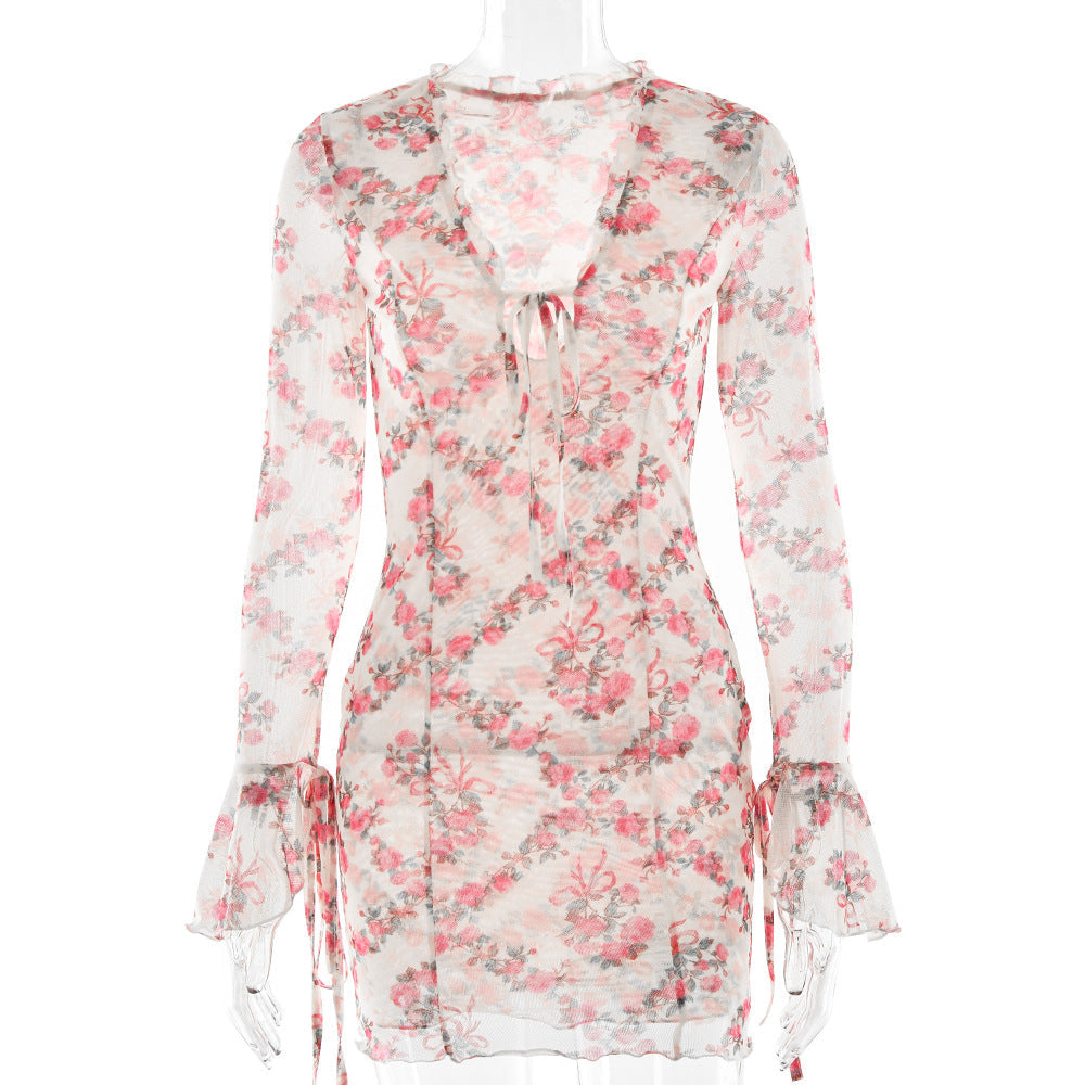 Spring Summer Retro Printed Deep V Plunge Women Sexy Slim Mesh Long Sleeve Lace up Dress