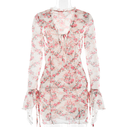 Spring Summer Retro Printed Deep V Plunge Women Sexy Slim Mesh Long Sleeve Lace up Dress