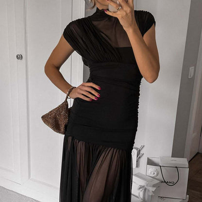 Sexy Socialite Tight Waist Close Fitting Stitching Gauzy Package Hip Maxi Dress for Women