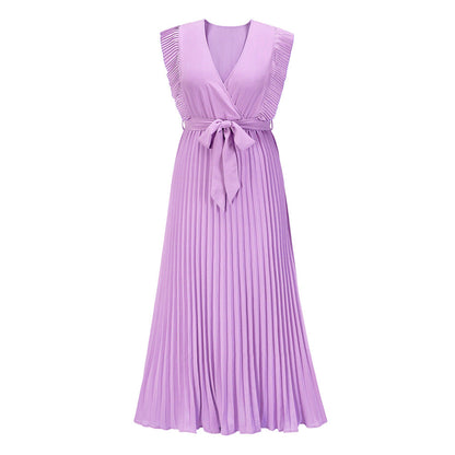 Elegant Beach Dress Fashionable Slim Fit Sexy Ruffle Sleeve Chiffon Pleated Solid Color Dress