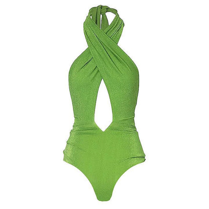 Solid Color Advanced Halter Shiny Surface One Piece Swimsuit Women