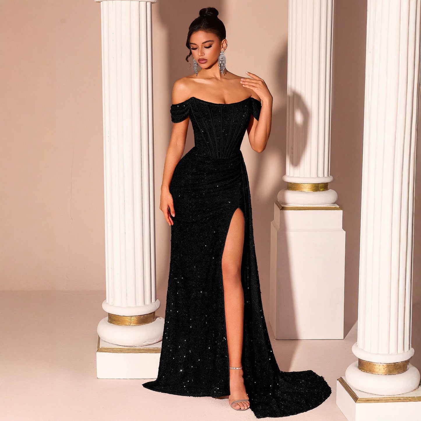 Strapless Black Evening Dress Sequined Slim Fit Slimming Fishtail Bridal Toast Dress Cocktail Evening Dress