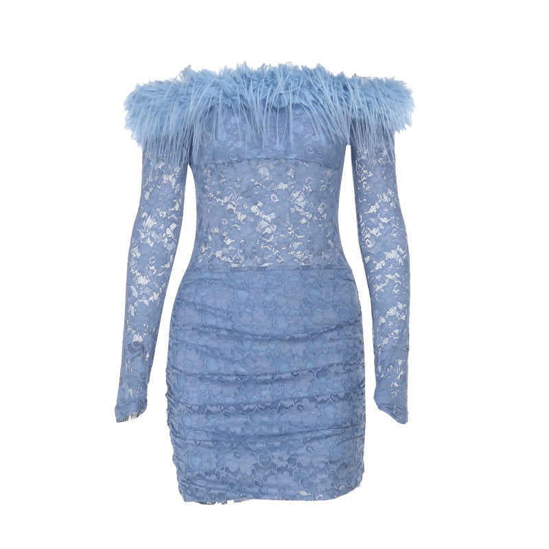 Sexy Tube Top Dress Slim Fit Lace Sexy Shoulder Baring Slimming Light Luxury Hip Dress