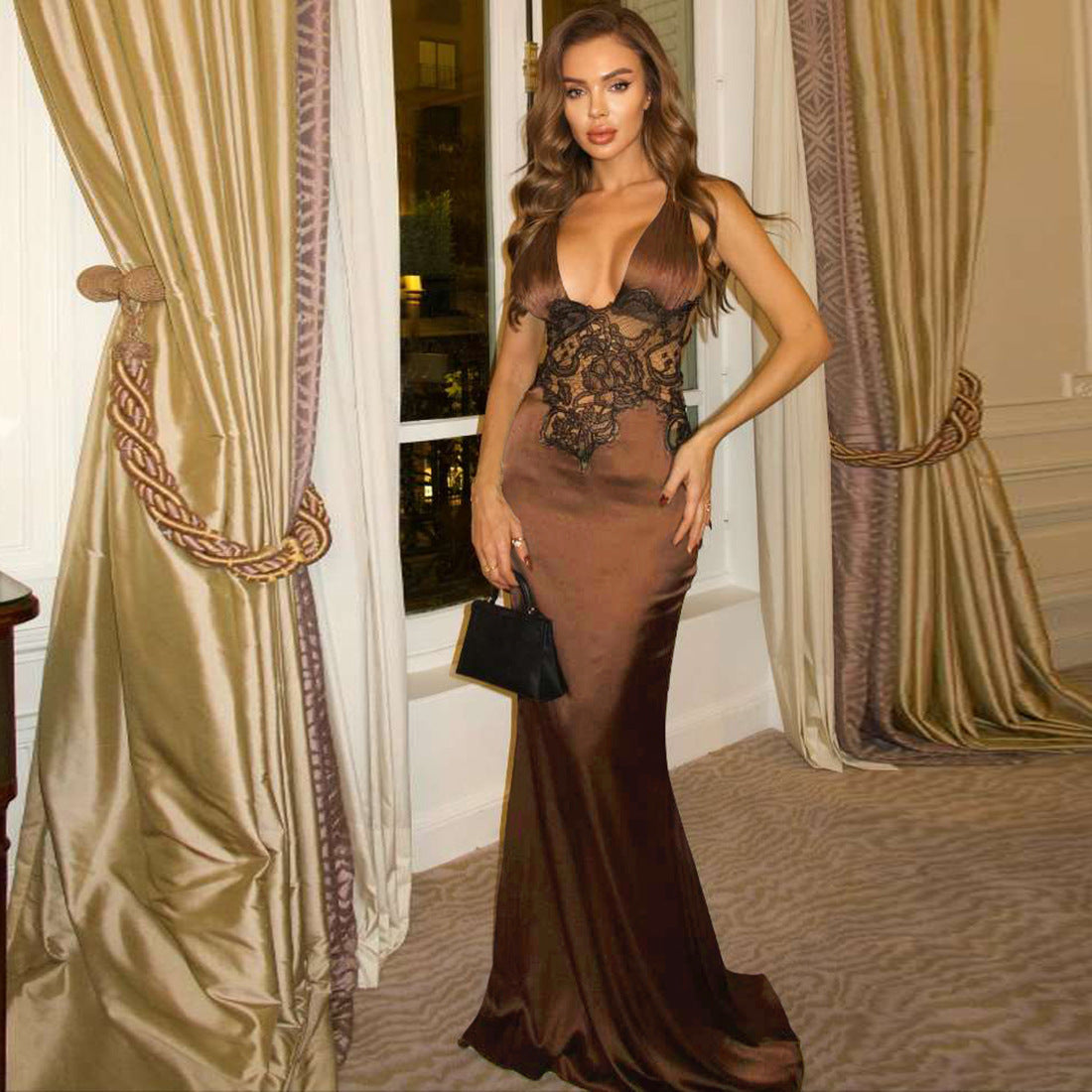 Autumn Winter Women Clothing Deep V Plunge neck Sexy Slim Fit Backless Elegant Dress Women
