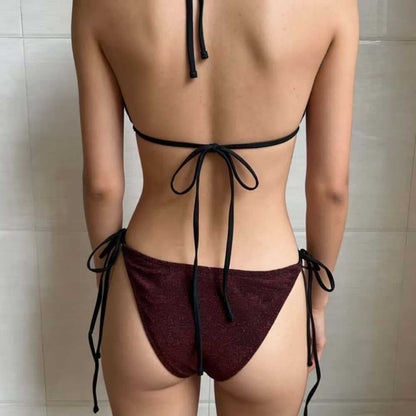 Flash Bikini Halter Lace up Split Swimsuit Sexy Backless Women Swimsuit