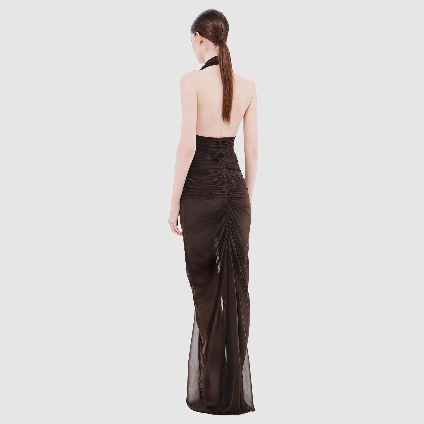 Women Clothing Sexy V neck Slim Fit Pleated Hip Backless Halter Dress