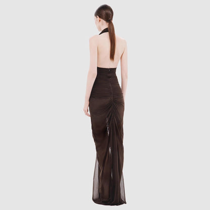 Women Clothing Sexy V neck Slim Fit Pleated Hip Backless Halter Dress