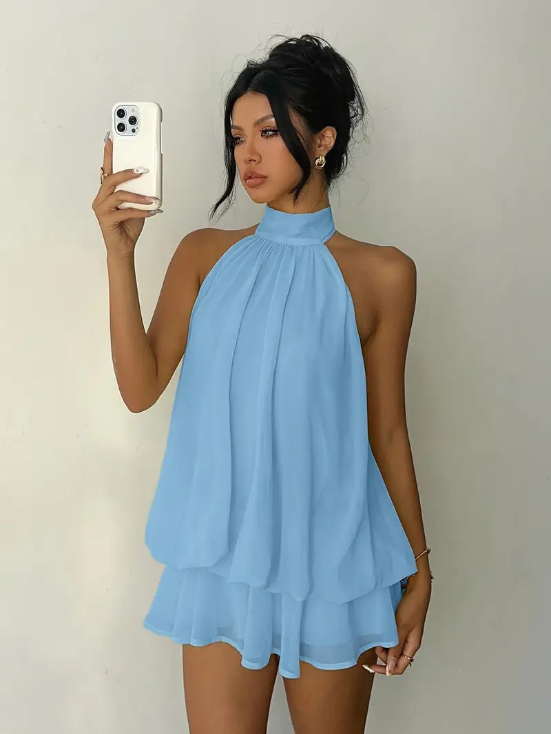 Vacation Figure Flattering Fashionable Sexy Backless Halter Lace Up Waist Trimming Solid Color Dress