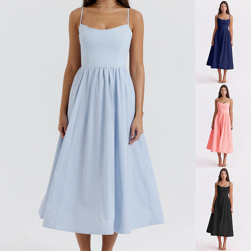 Women Clothing Solid Color Sexy Backless Spaghetti Straps Large Swing Dress Women