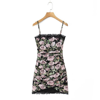 Summer Women Sexy Lace Rose Printed Cami Dress Irregular Asymmetric Casual Dress