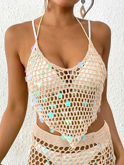 Ladies Vacation Beach Blouse Women Clothing Sequin Stitching Pure Hand Crocheting Irregular Asymmetric Camisole Sexy Bikini Top