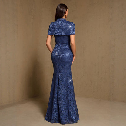 Spring Summer Elegant Pattern Two Piece Set (Including Shawl) Suspender Fishtail Party Maxi Dress