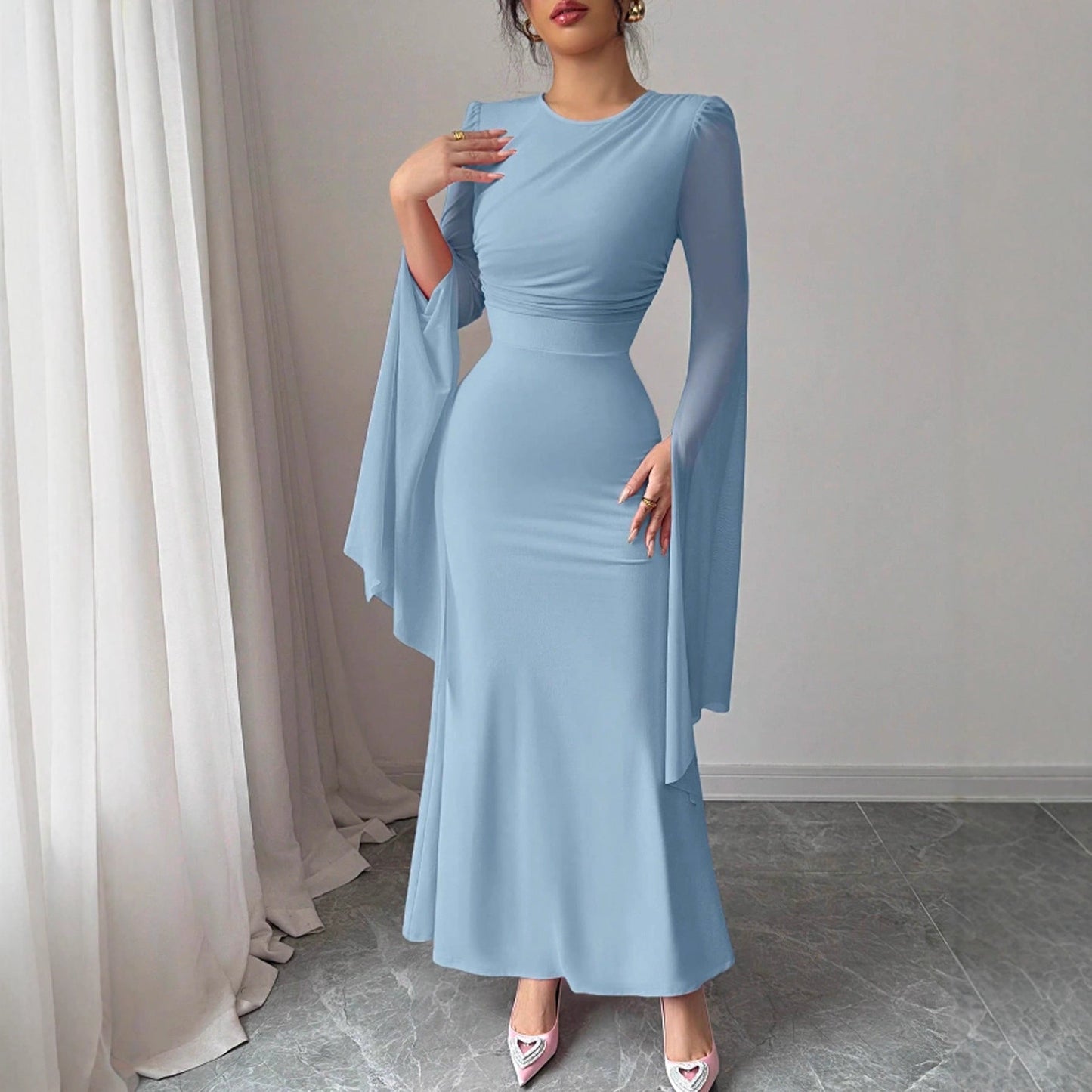 Spring Stitching Mesh Large Swing Sleeves Sexy Slim Fit Fishtail Dress